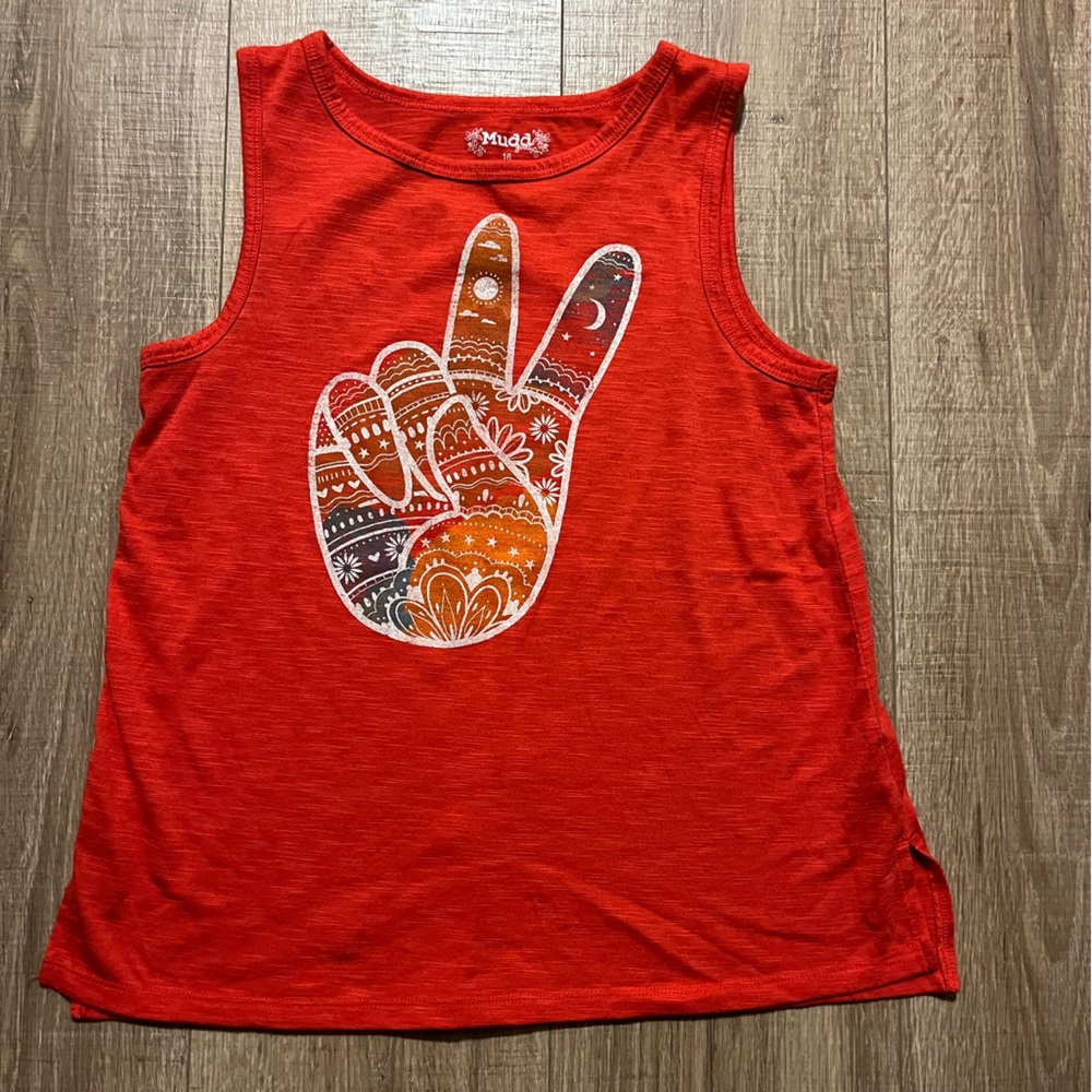 Kid’s Mudd Orange-Red Peace Sign Tank Top Size 16 (XL)
